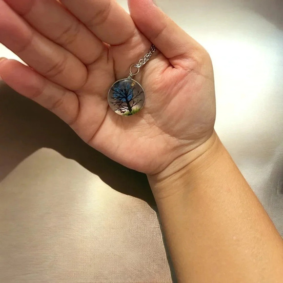 Resin Flower Pressed & Tree Circle Pendant Charm Stainless Steel Necklace - Picture 2 of 2